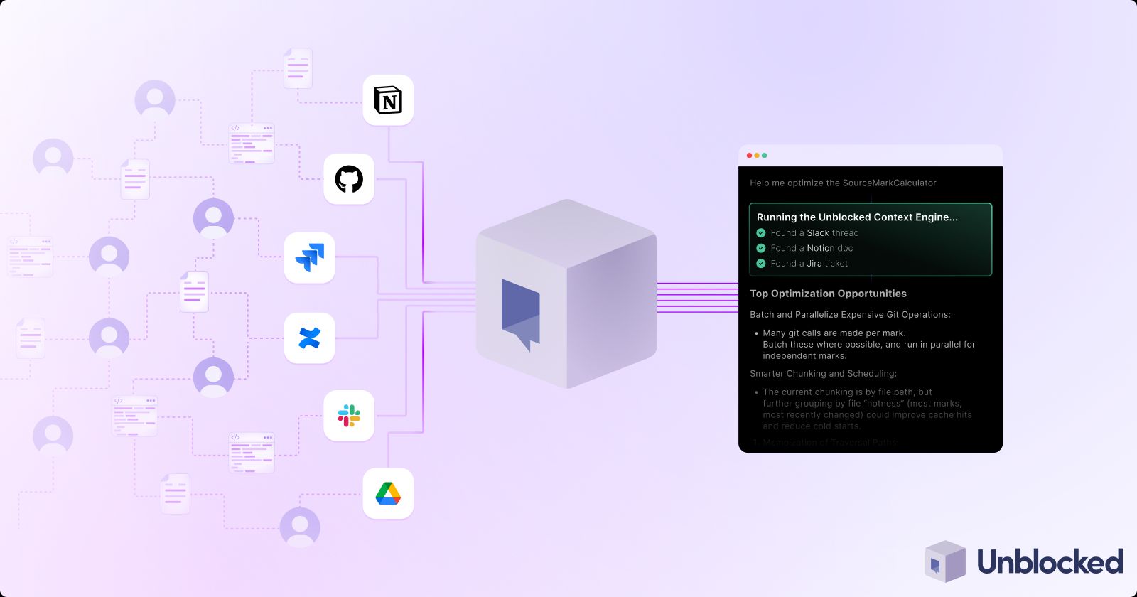 Unblocked 컨텍스트 엔진이 Slack, Notion, Jira 등에서 데이터를 수집하여 코드 최적화 기회를 분석하는 화면이다.