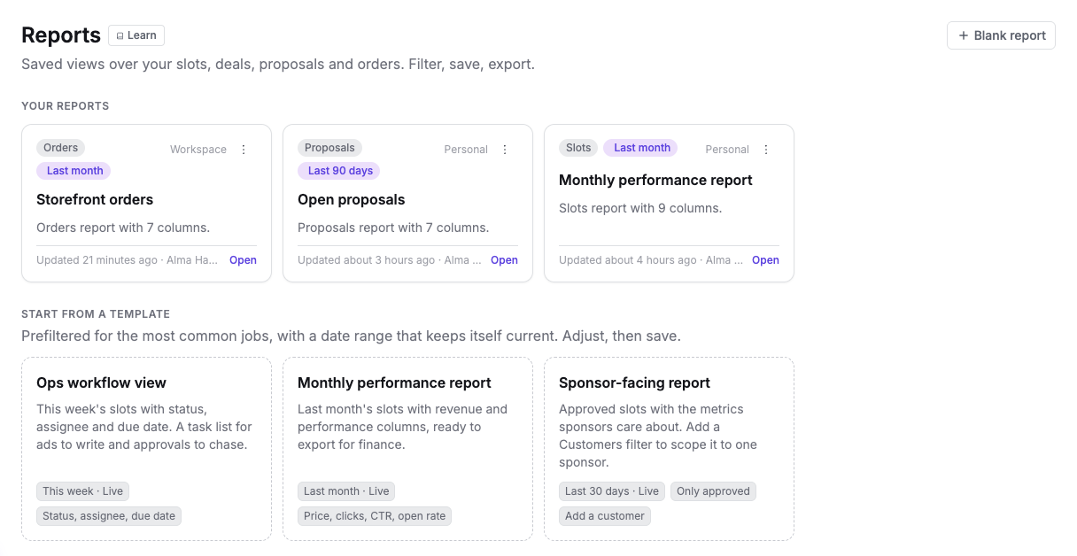 The Reports home with saved reports and templates