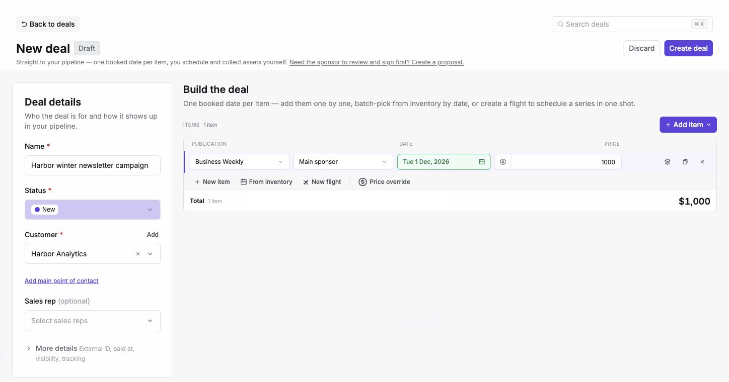New deal page with campaign details and an items table
