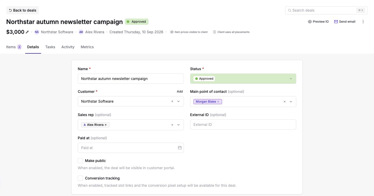 Deal Details with customer, sales reps, paid date, public visibility, and conversion tracking