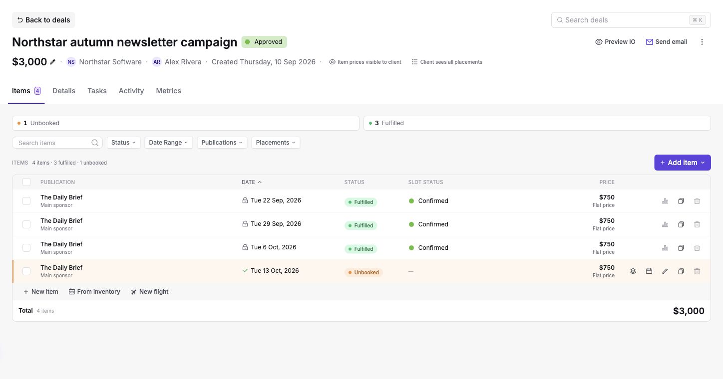 Deal items with booked and unbooked rows and separate item and slot statuses