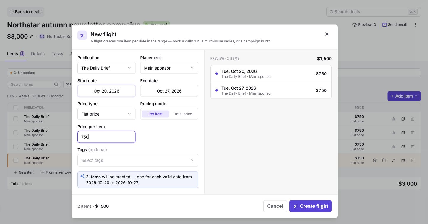 New flight dialog with publication, placement, dates, and pricing mode