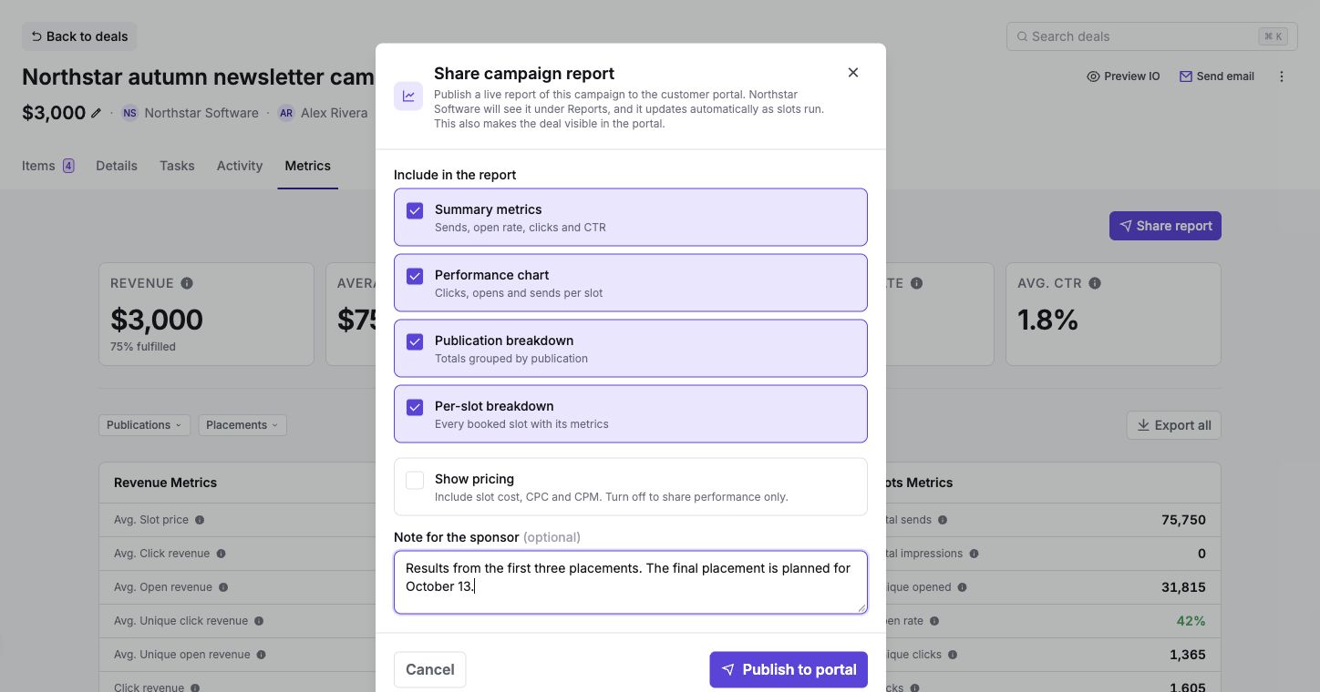 Share campaign report dialog with sections, pricing visibility, and sponsor note
