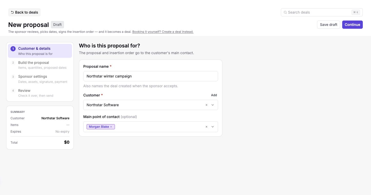 Proposal step 1 with a name, customer, and main contact
