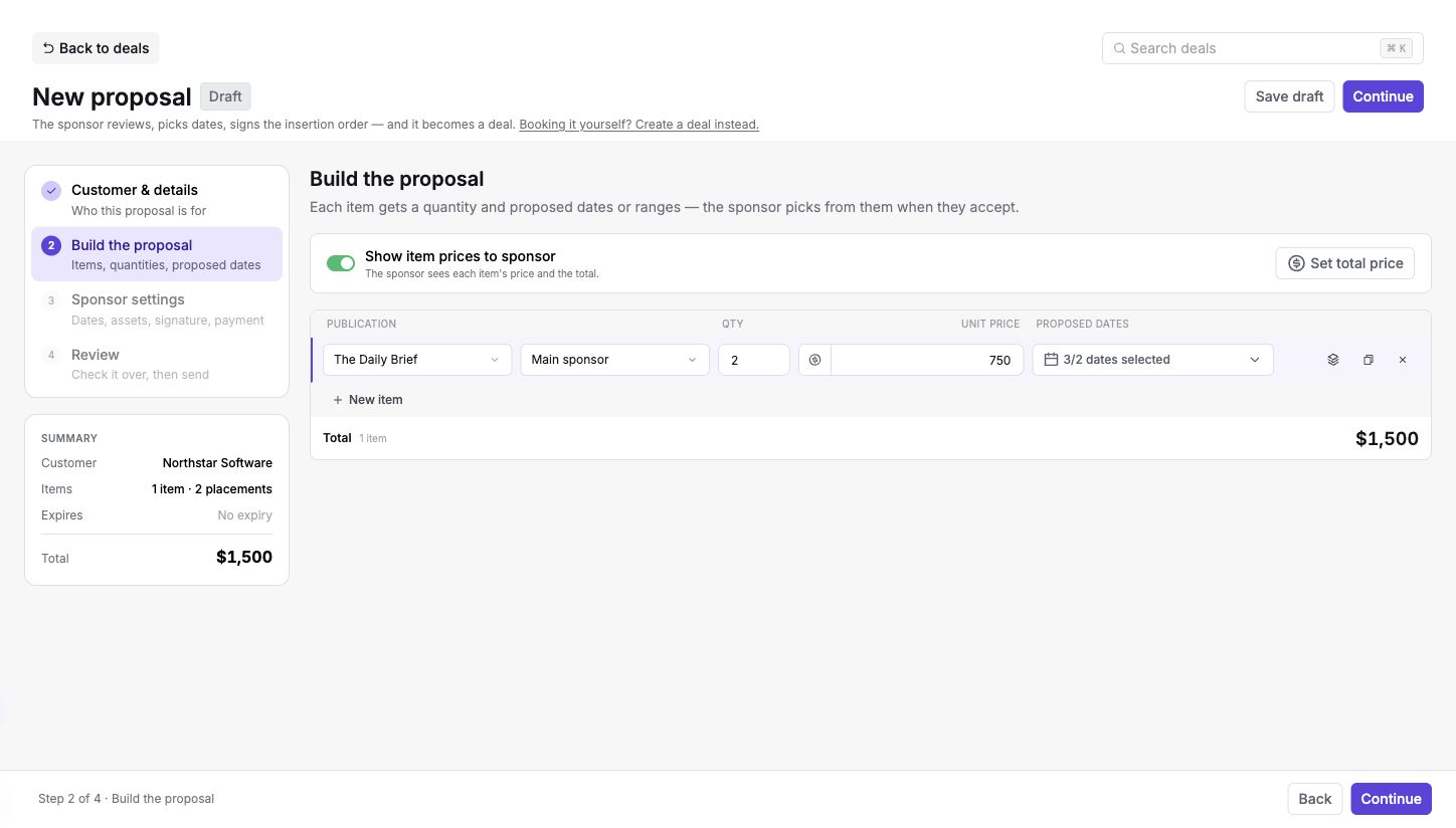 Proposal items with quantity, unit price, proposed dates, and total