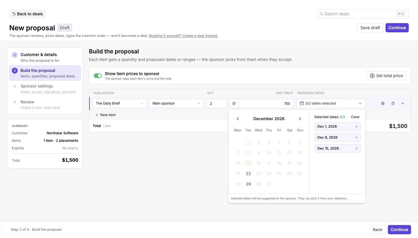 Proposed dates picker with three choices for a quantity of two