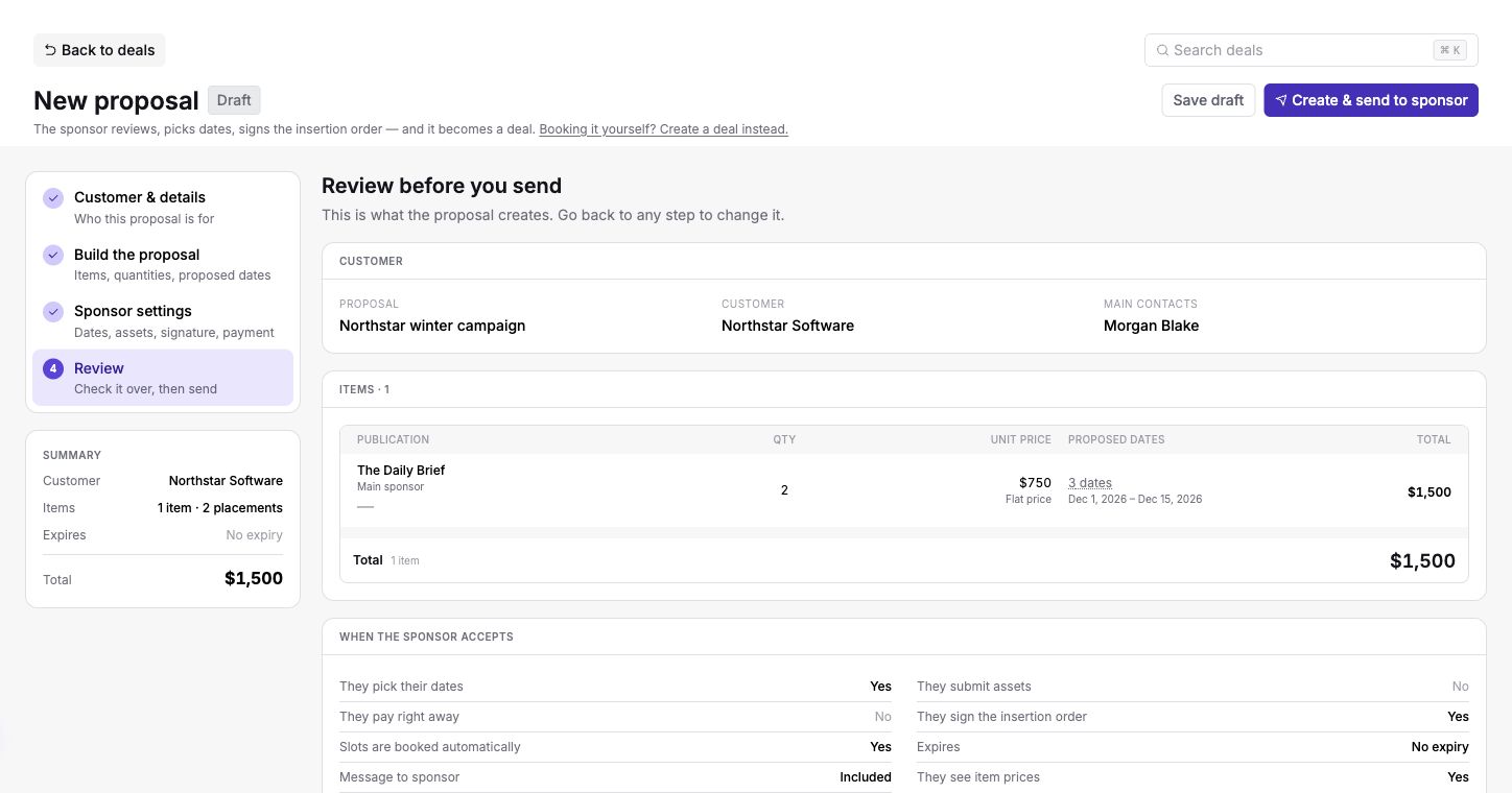 Proposal review with the customer, item summary, and sponsor requirements
