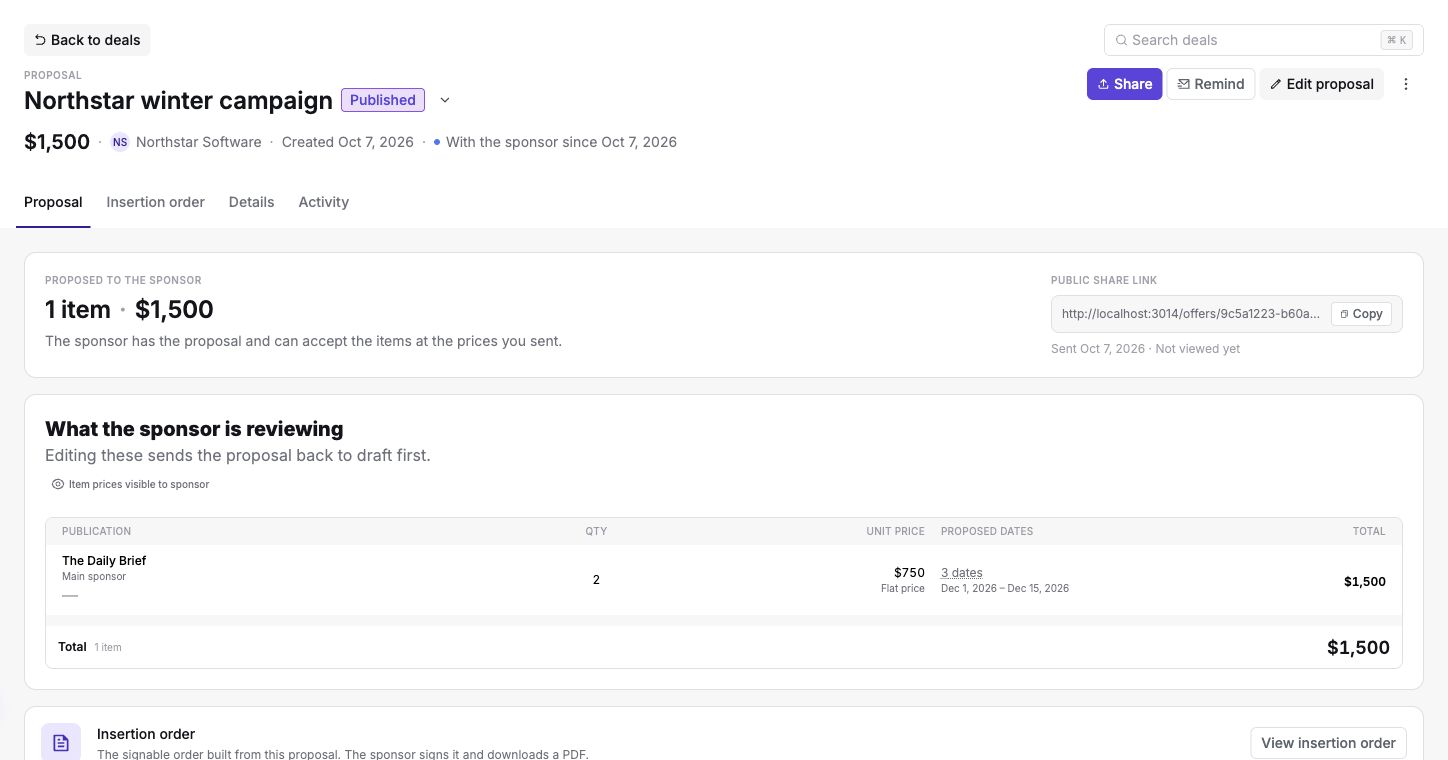 Published proposal with sharing, reminders, editing, and the sponsor's current offer