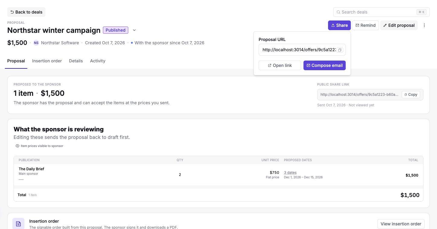 Proposal Share menu with the public URL, preview, and email composer