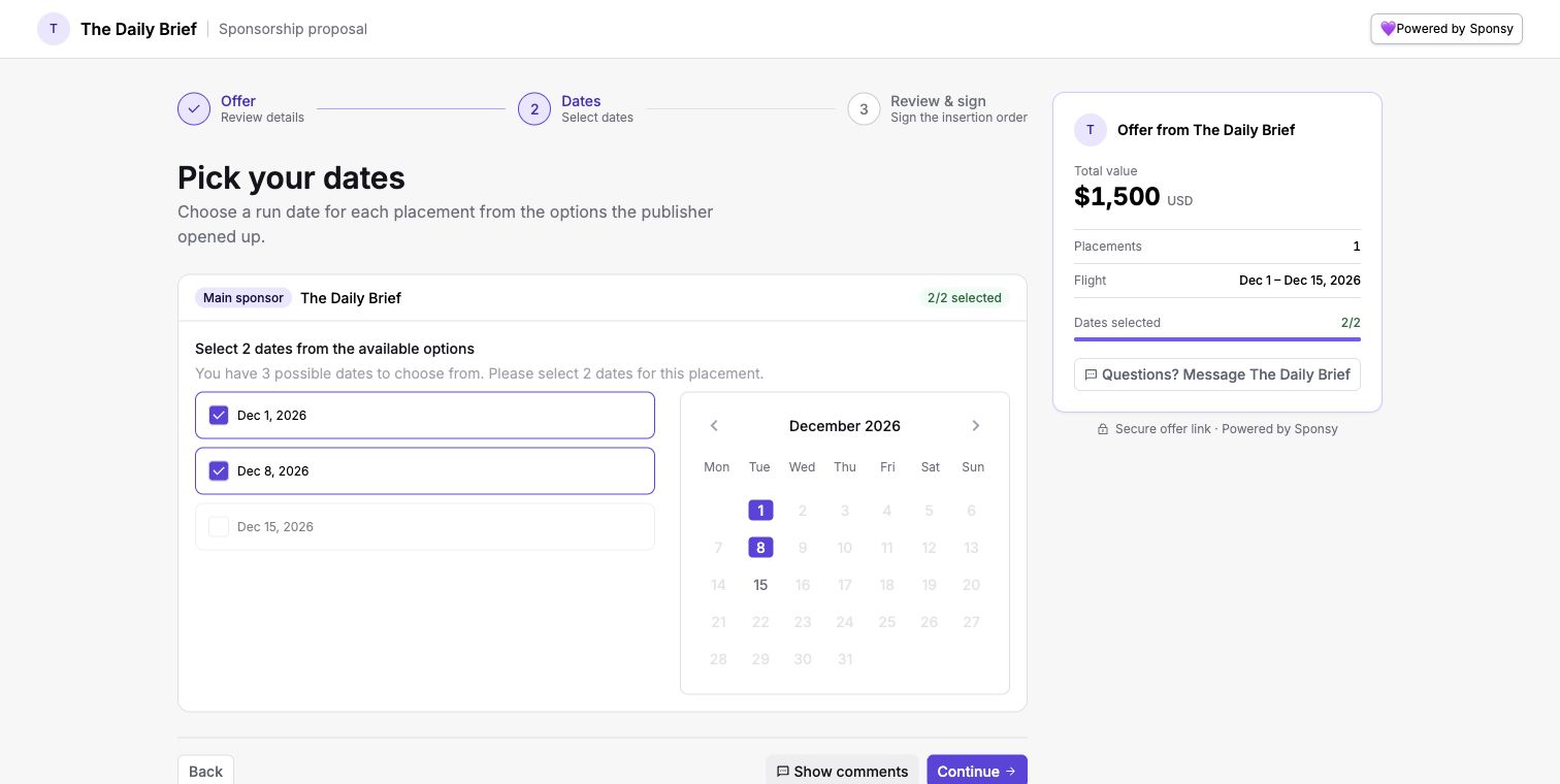 Sponsor date-selection step requiring two choices from three proposed dates