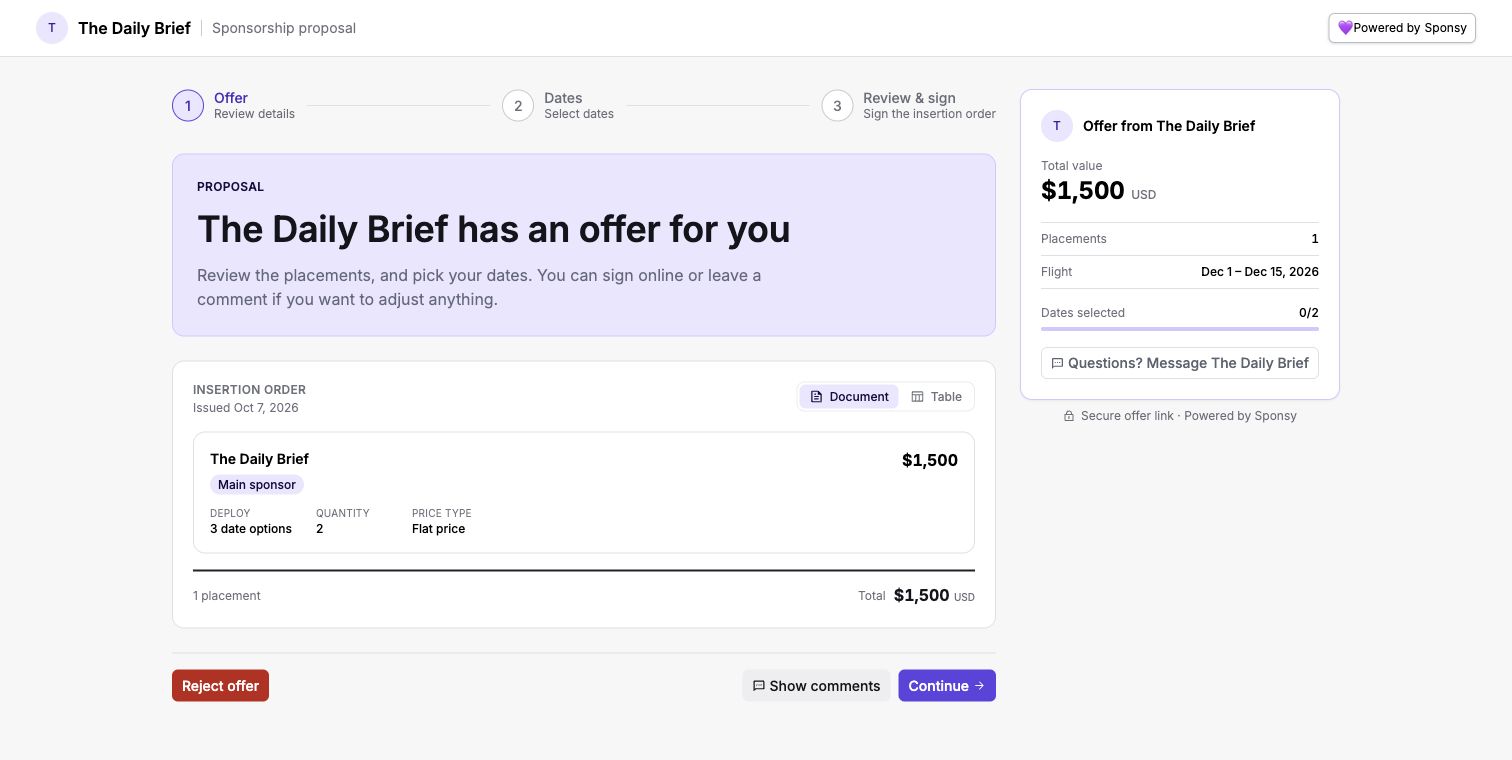 Sponsor's proposal page with offer details and insertion order views