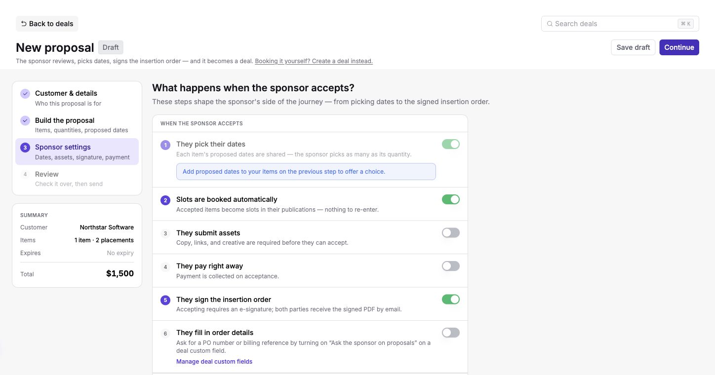 Sponsor settings for date selection, booking, assets, payment, signing, and order details