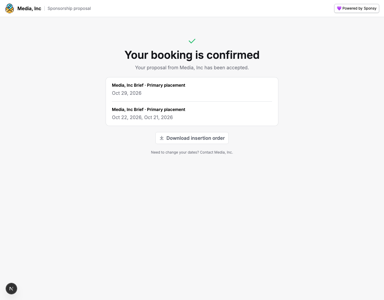 Accepted proposal link showing the confirmed booking dates