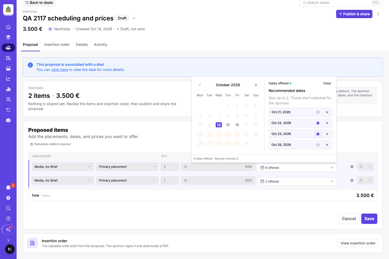 Proposed-date picker with two recommendations from six offered dates