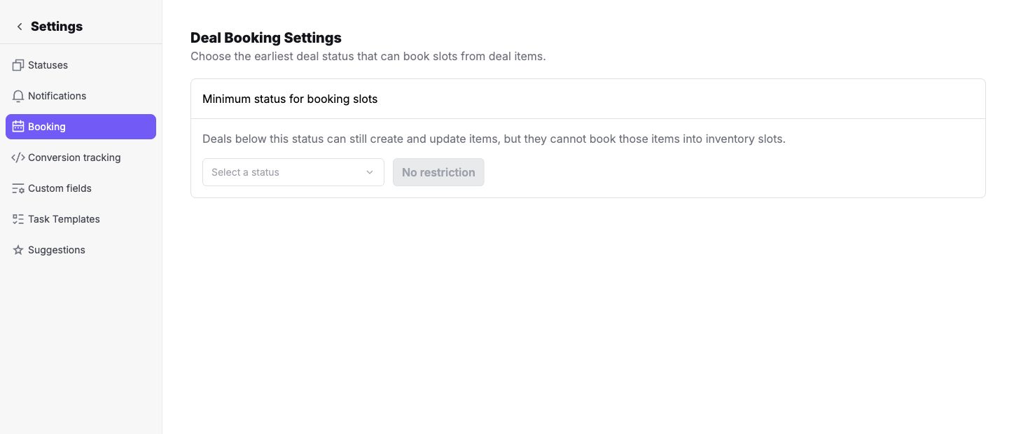 Deals booking setting with a minimum pipeline status
