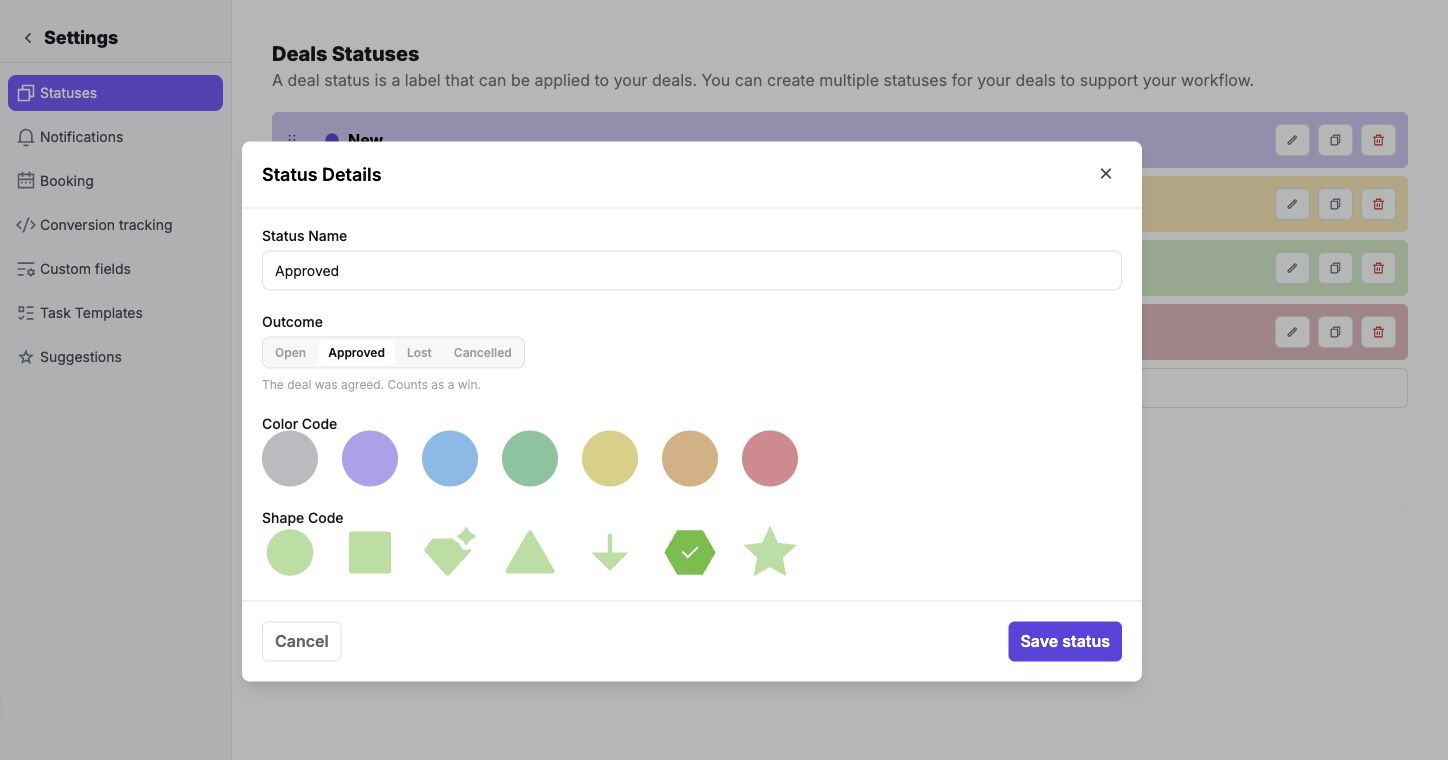 Deal status editor with name, color, and reporting outcome