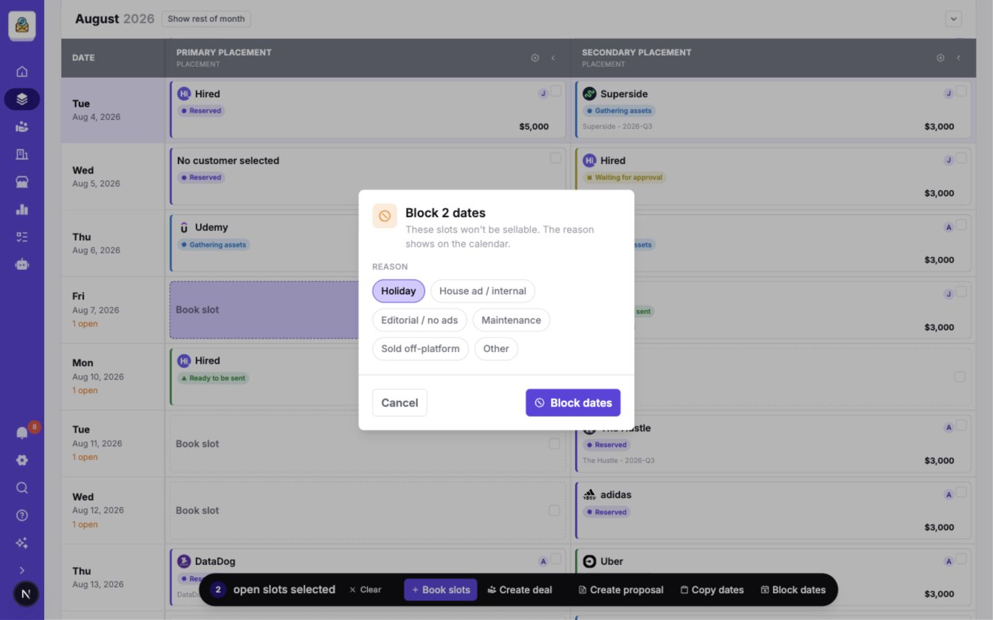 The Block dates dialog with reasons for making two selected slots unsellable