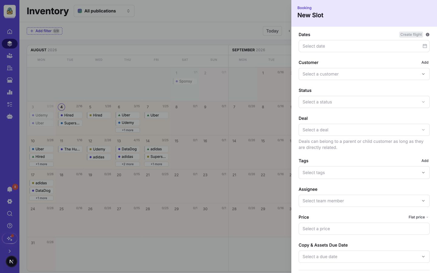 The New Slot booking panel with dates, customer, status, deal, tags, assignee, price, and due date fields