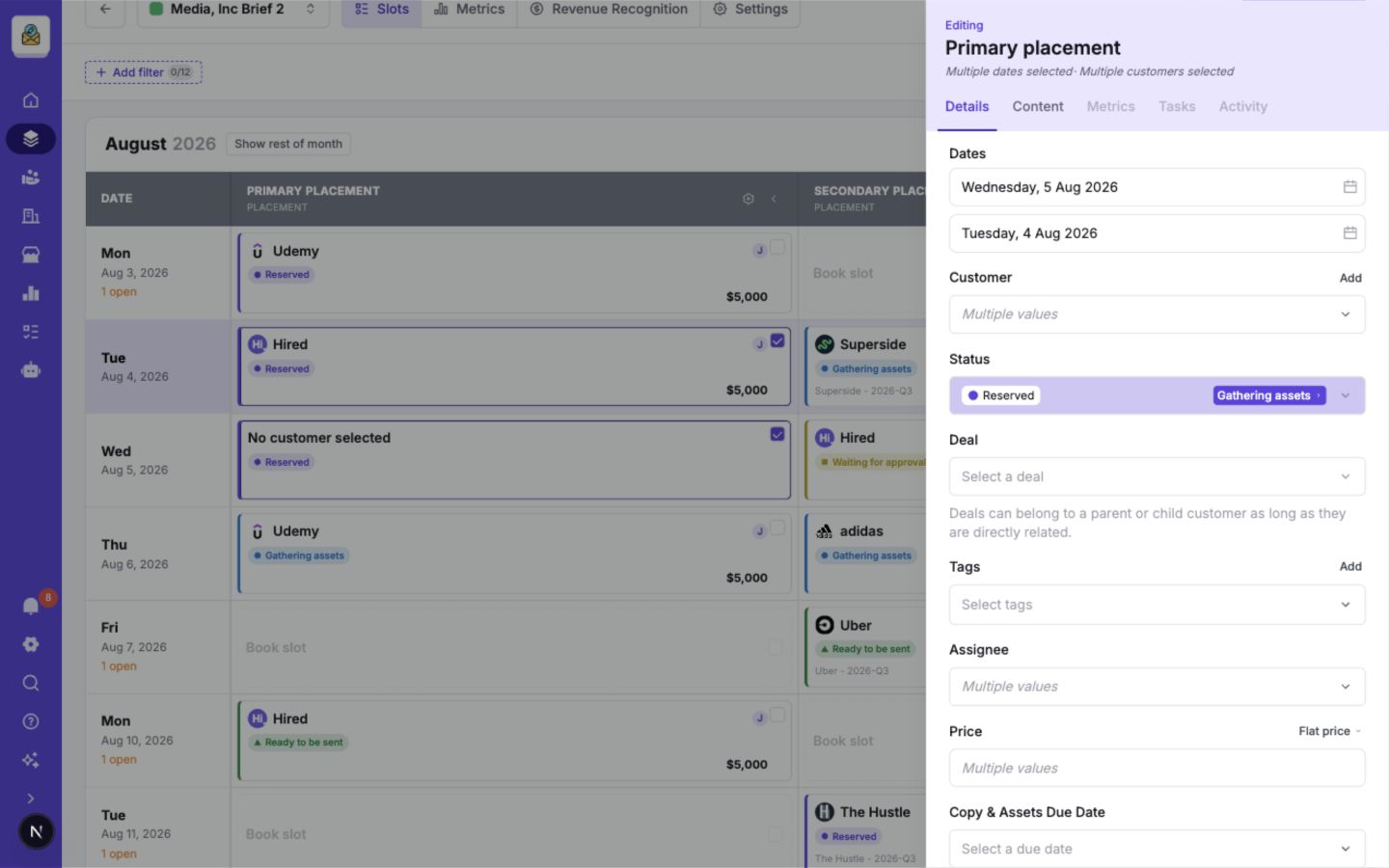 The bulk slot editor showing multiple selected dates and fields with different existing values