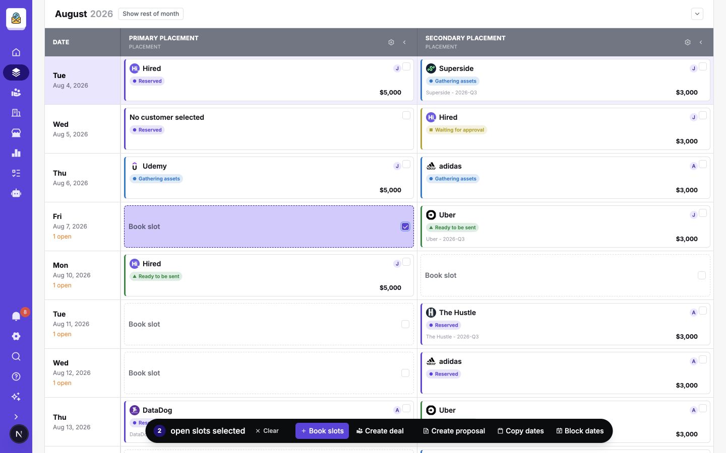 Two open slots selected with actions to book slots, create a deal or proposal, copy dates, and block dates