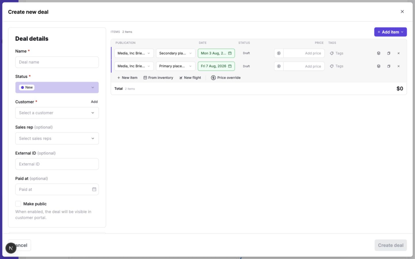 The Create new deal panel with two selected inventory dates prefilled as deal items