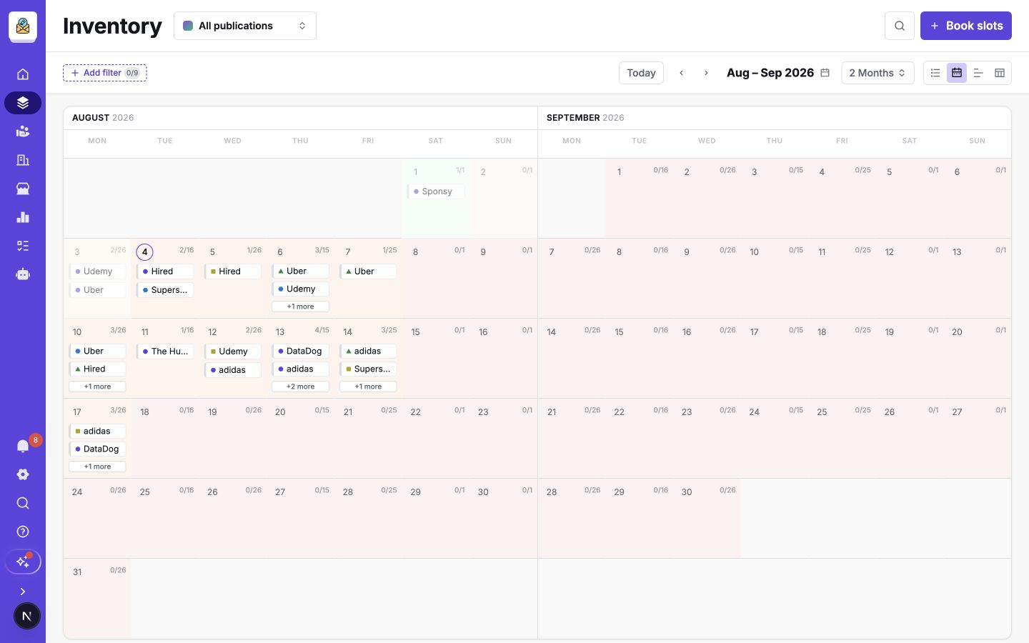 The two-month Calendar view showing booked capacity and open inventory across the portfolio