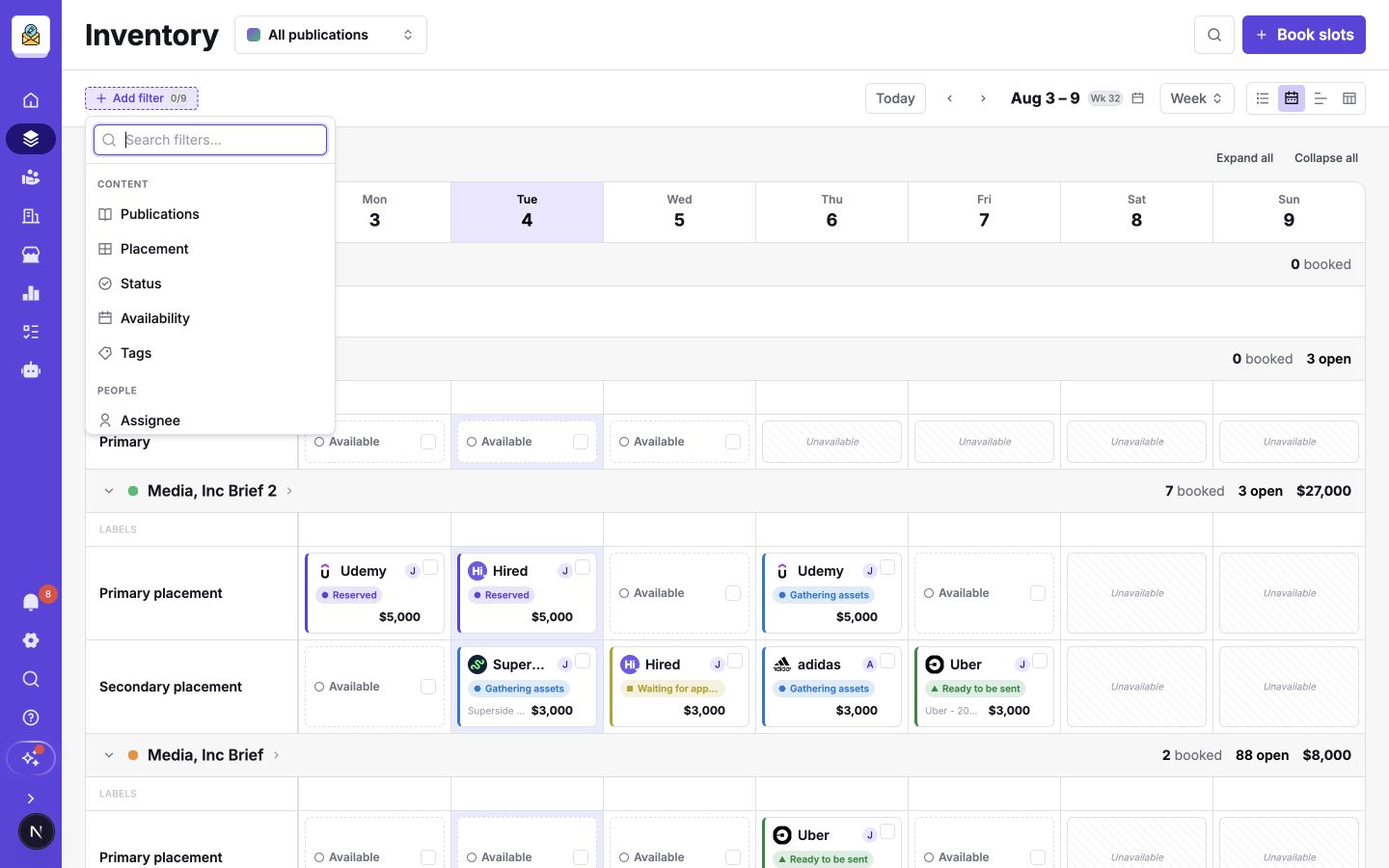 The Add filter menu grouped by content, people, and commercial fields