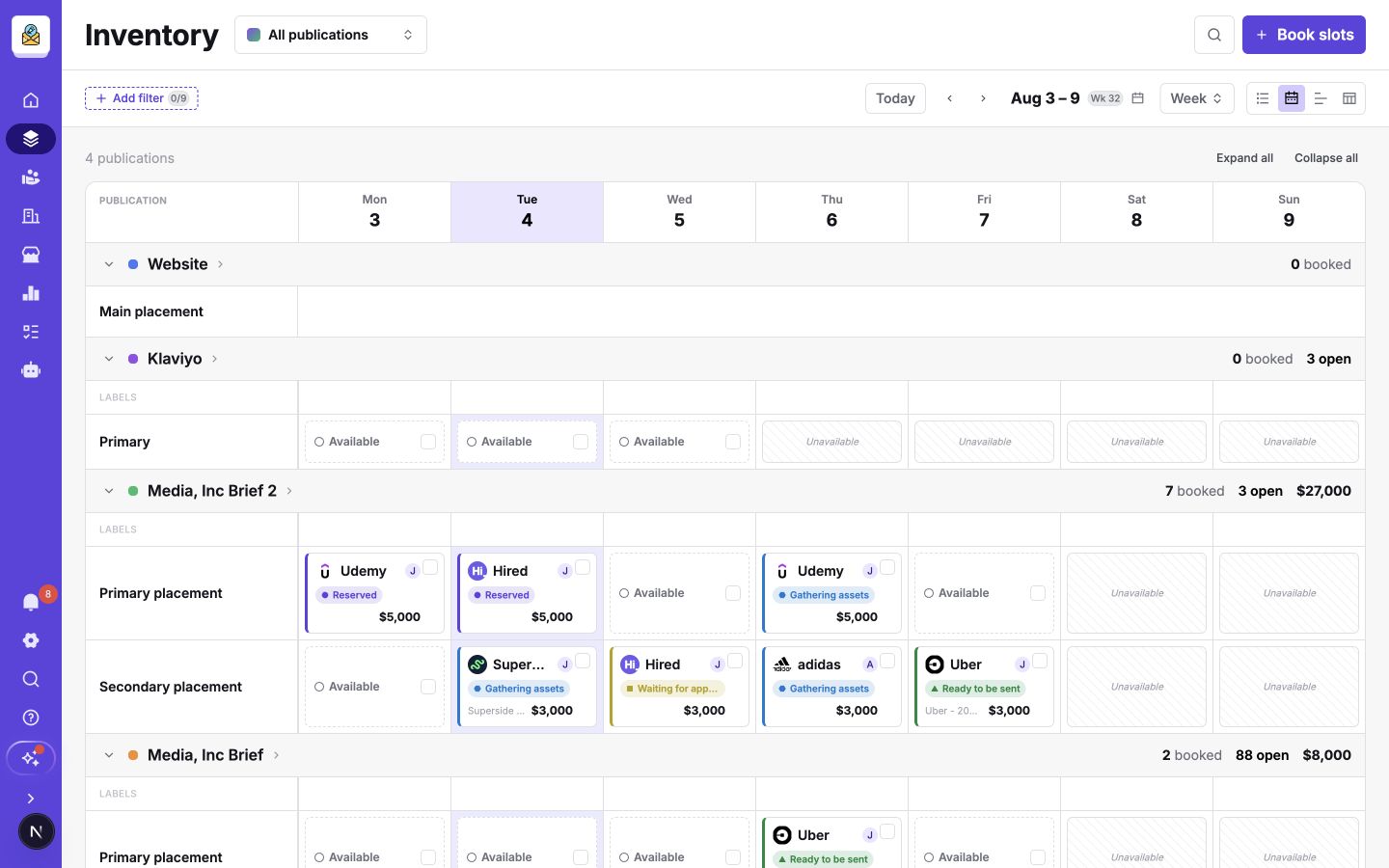 The Inventory Hub week view showing several publications, open slots, booked slots, statuses, and revenue totals