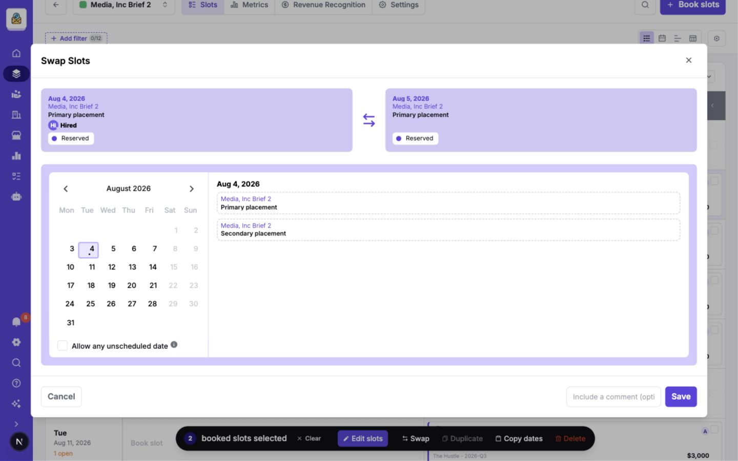 The Swap Slots dialog comparing two selected bookings and showing the destination calendar