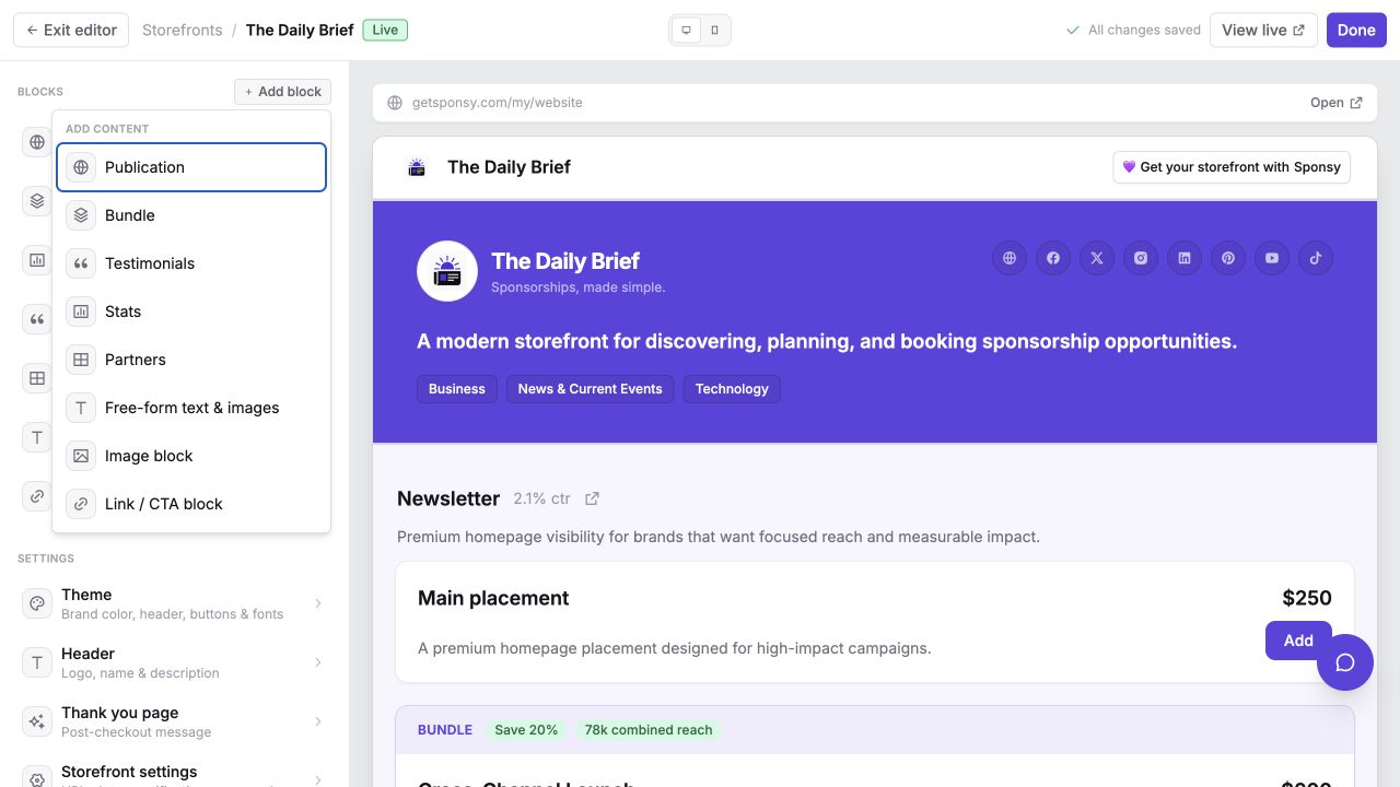 The block library with all available Storefront block types