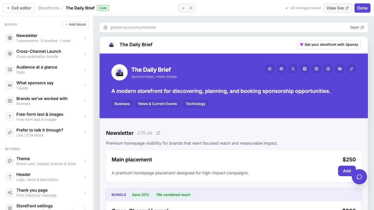 The Storefront editor with content blocks, settings, and a live preview