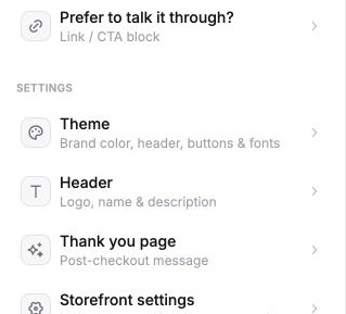 Theme, header, thank-you page, and Storefront settings in the editor