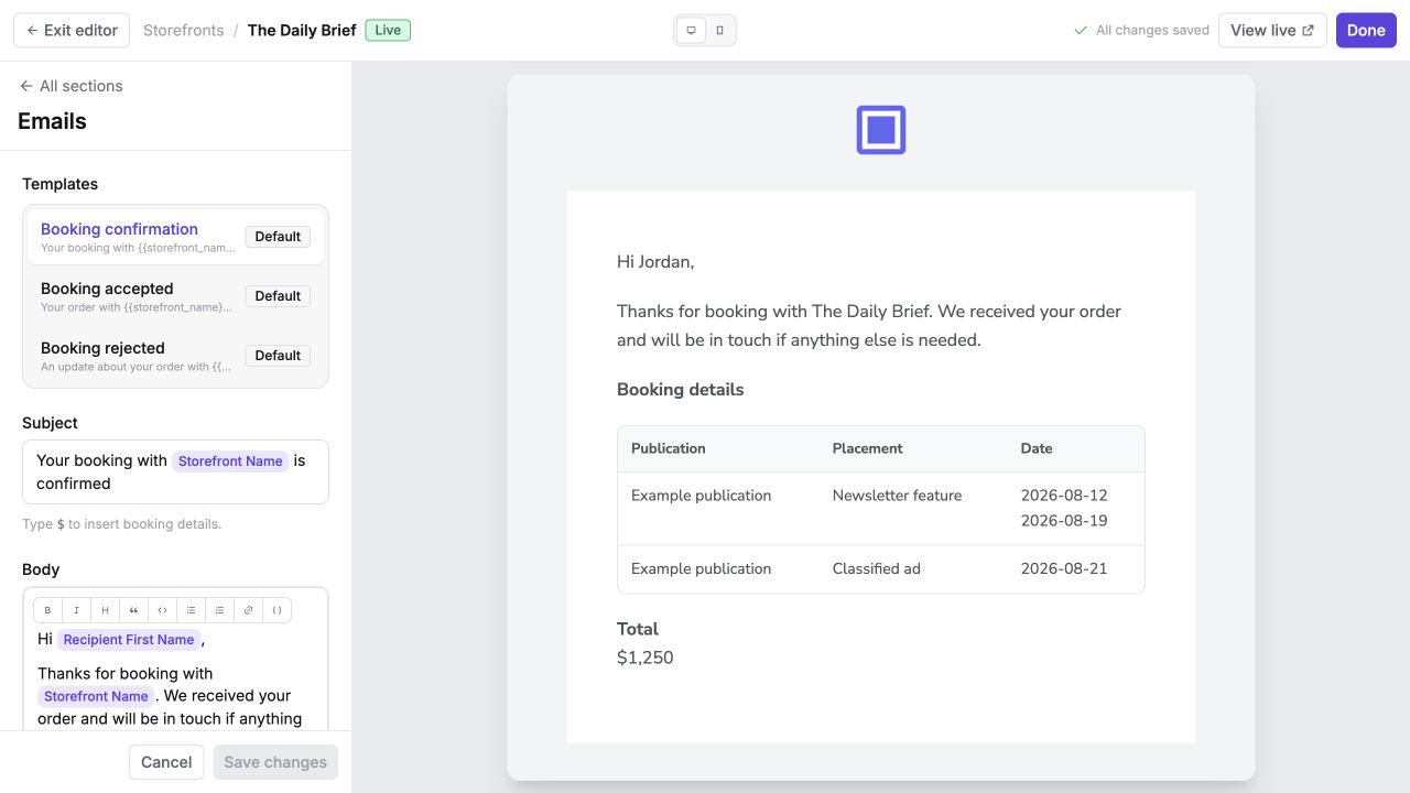 The email editor with booking templates, variables, and a live preview