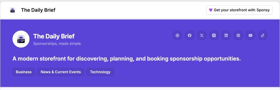 A Storefront header with branding, audience categories, stats, and social links