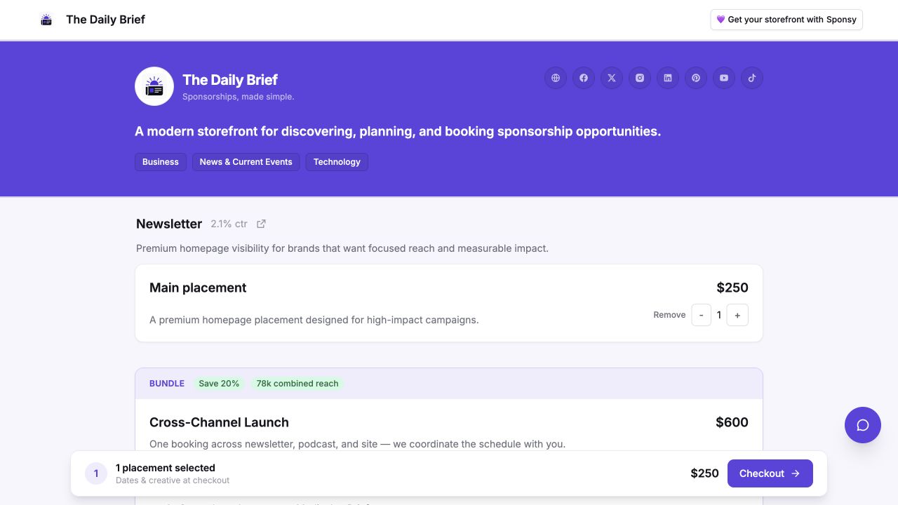 A public Storefront with branding, placements, a bundle, cart, and message button