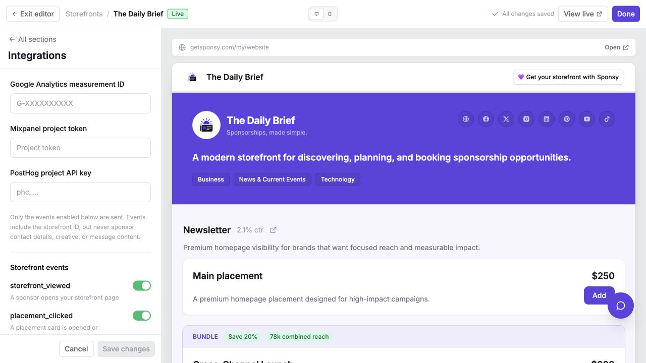 Google Analytics, Mixpanel, PostHog, and Storefront event settings