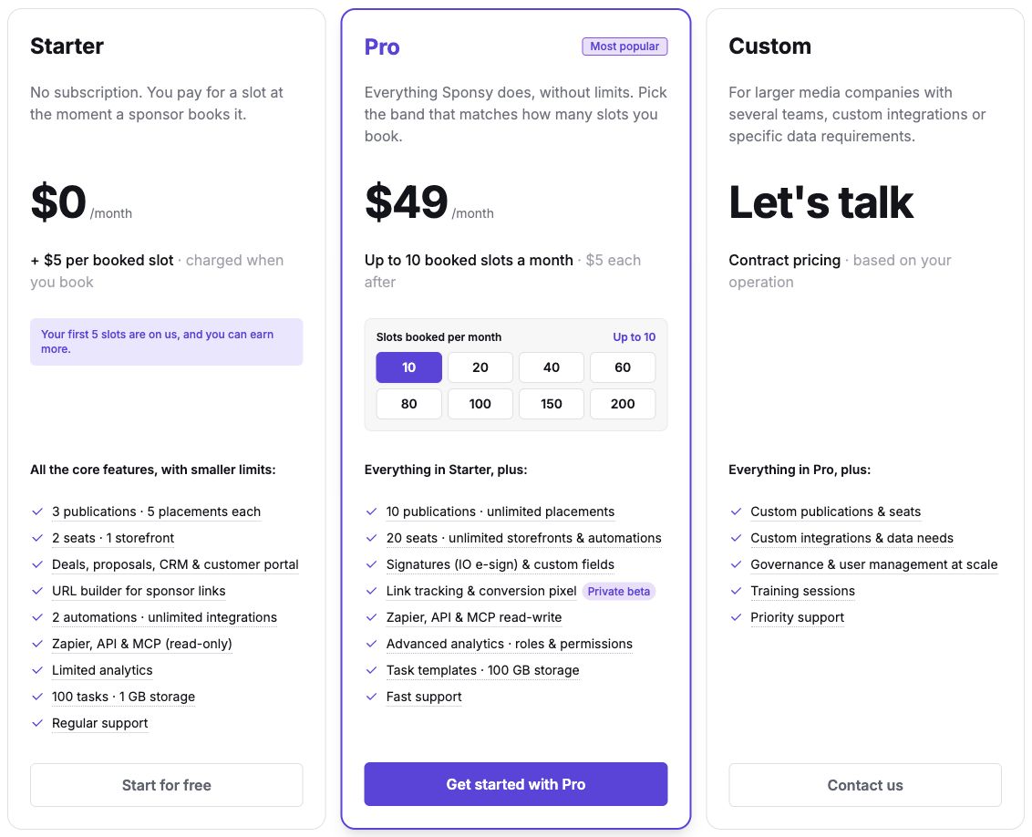The current Starter, Pro, and Custom plan cards on Sponsy's pricing page