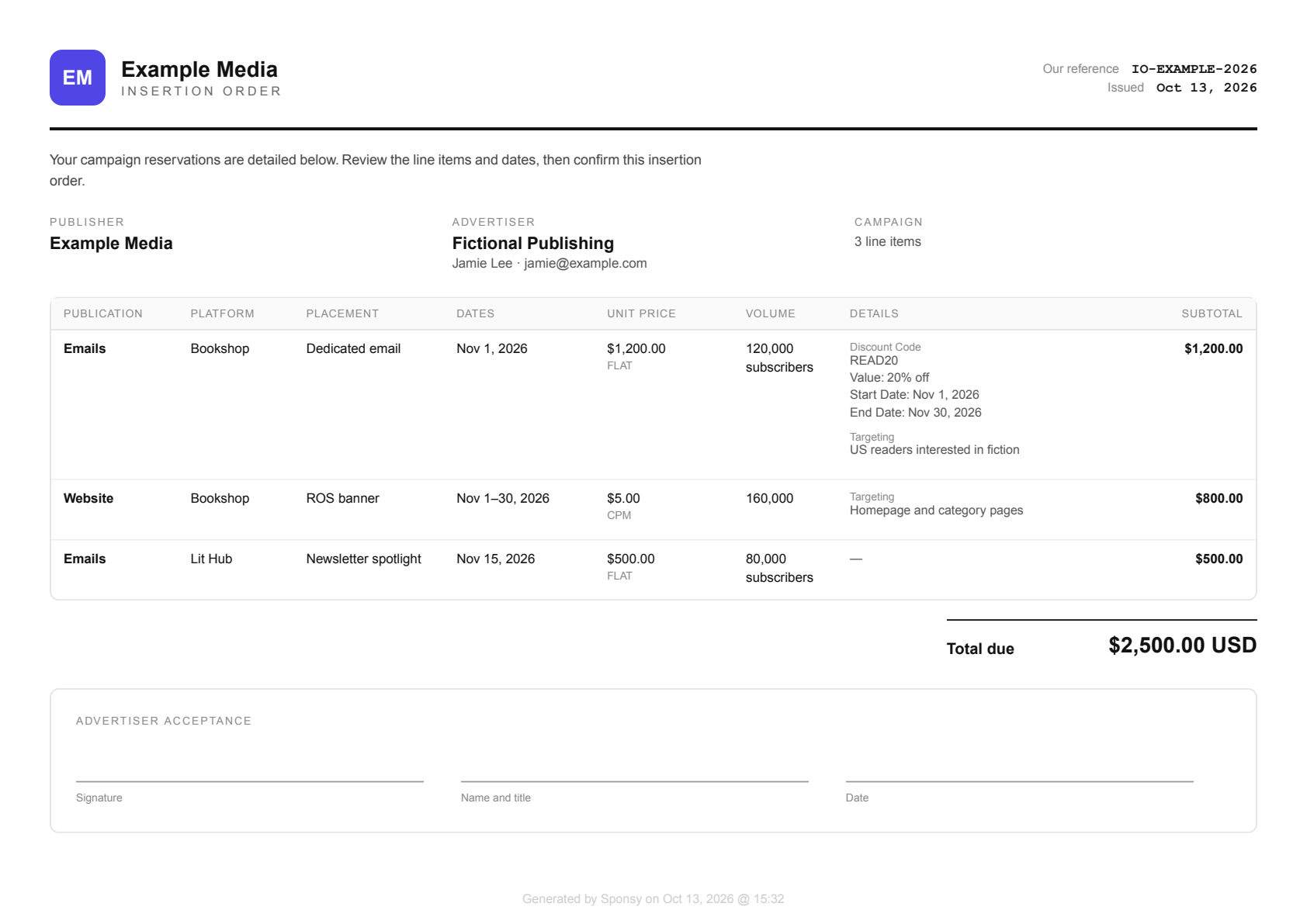 Example insertion order with Platform, delivery volume, discount value and dates, and separate targeting